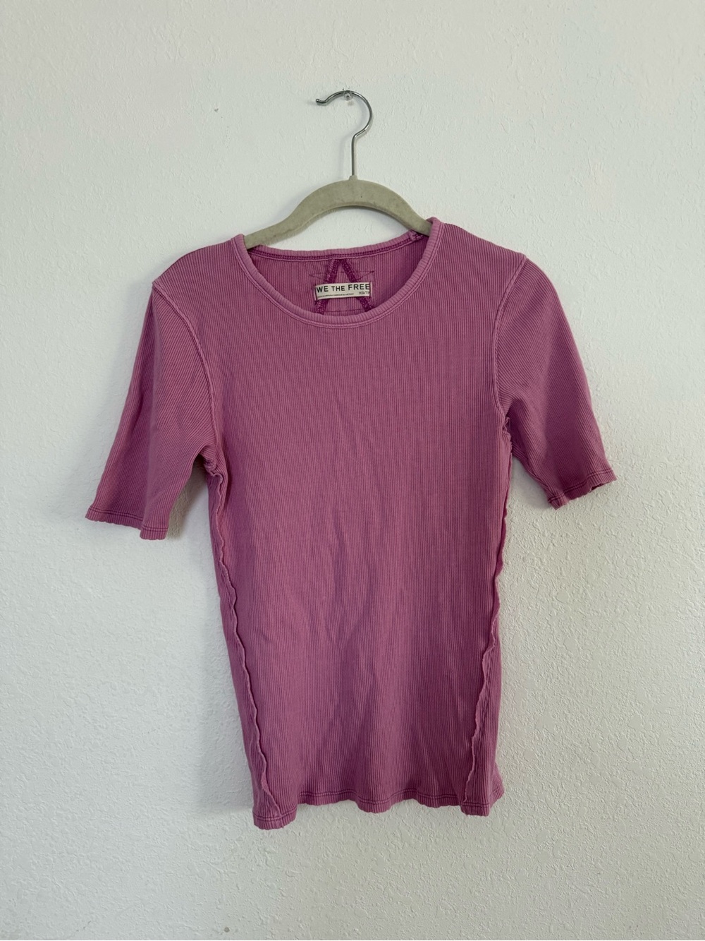 We The Free Free People Pink Ribbed Short Sleeve Cotton Top XS Stretchy Comfy